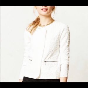 Anthropologie Moth Quilted Jacquard Zip Front Jacket/Blazer in White